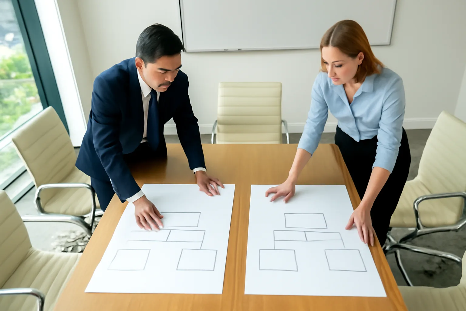 Two auditors comparing organisation charts and financial statements on a large meeting table