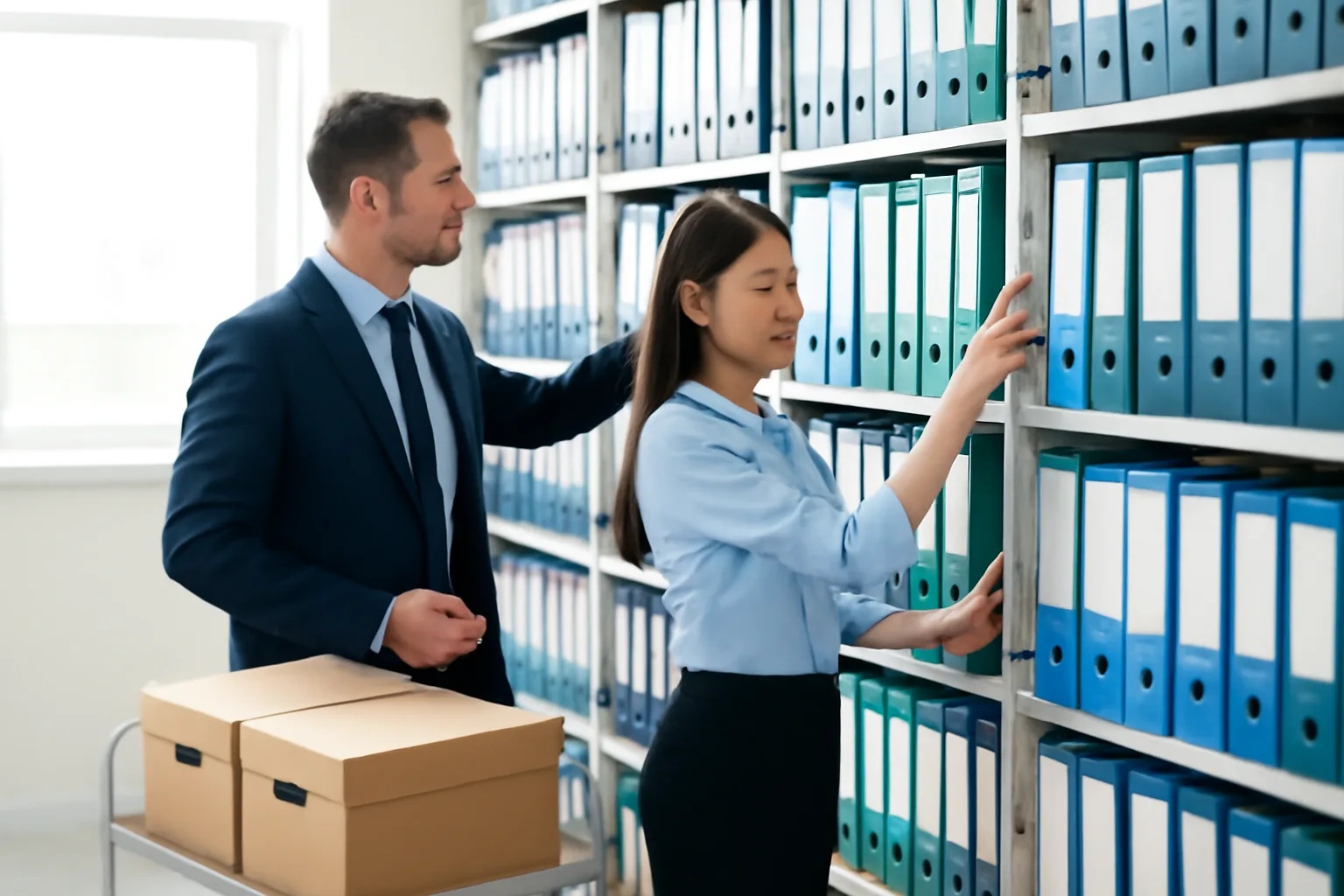 Kế toán đưa cặp hồ sơ cho chuyên gia tư vấn trong phòng lưu trữ của nhà máy