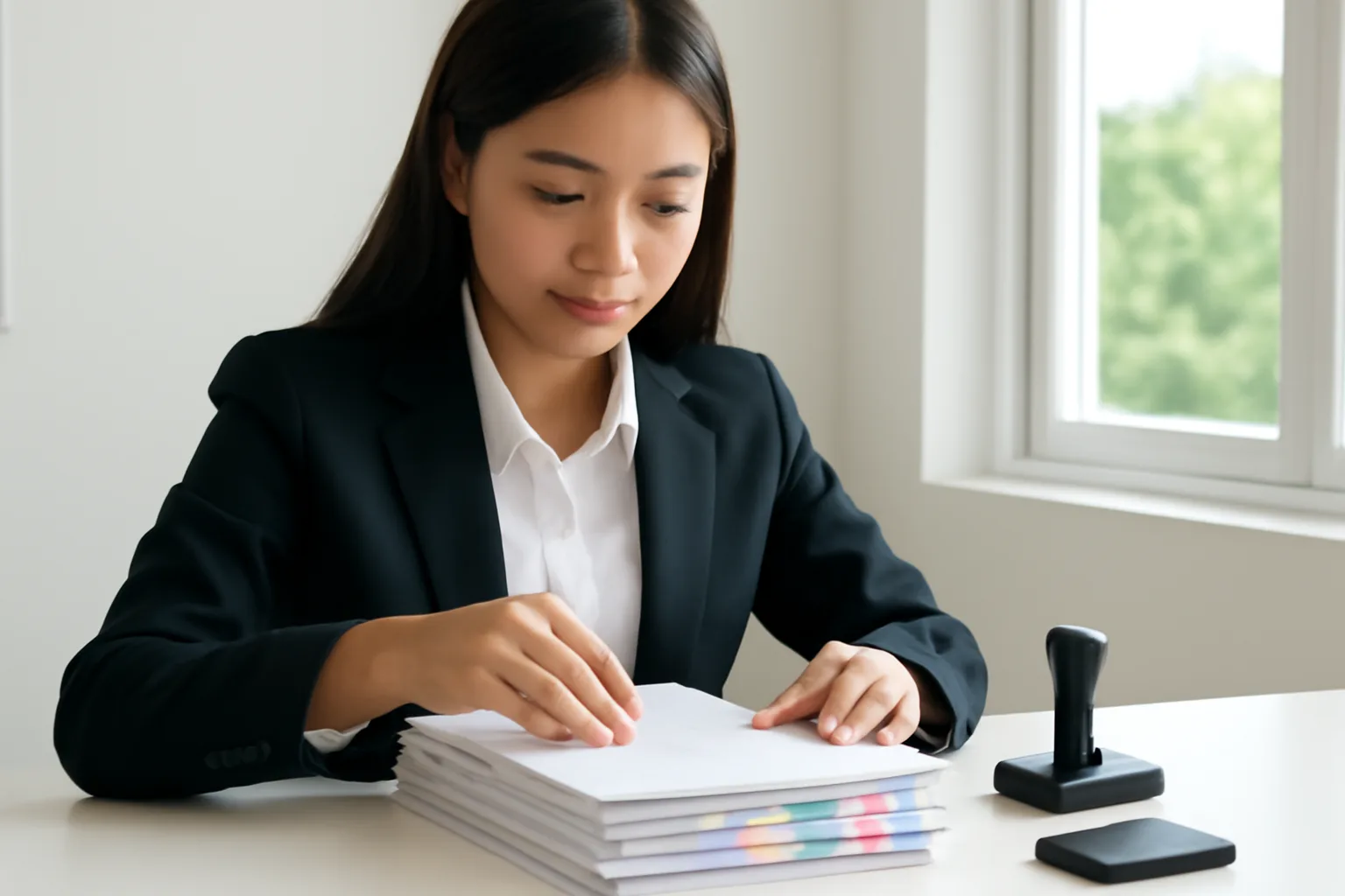 Legal assistant assembling a document file with tabs and a stamp on a bright office desk