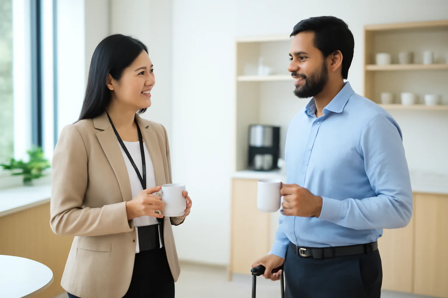 HR manager and newly arrived expatriate engineer talking over coffee in a bright office pantry