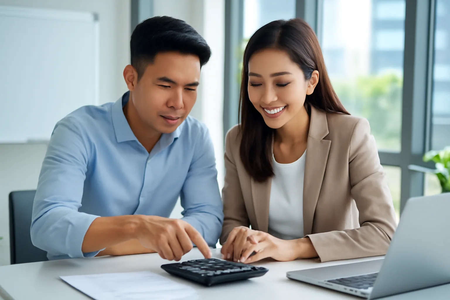 Vietnamese treasury officer and foreign finance manager checking a payment calculation with a calculator