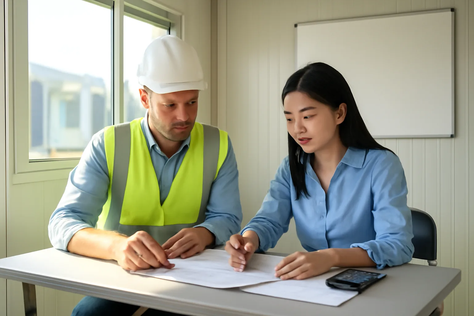 Foreign project director and Vietnamese site accountant reviewing a project budget in a site office
