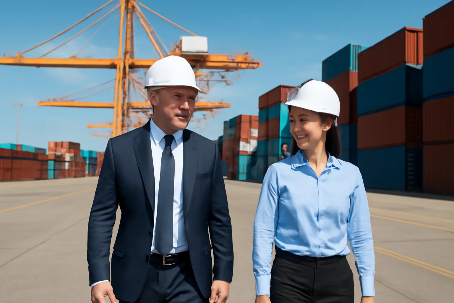 CFO and treasury manager in hard hats walking along a container quay at a port