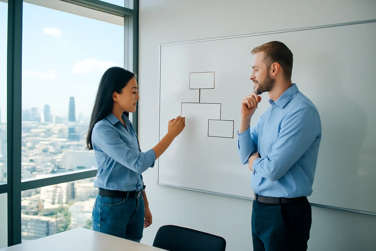 IT engineer and group controller drawing an integration diagram on a whiteboard