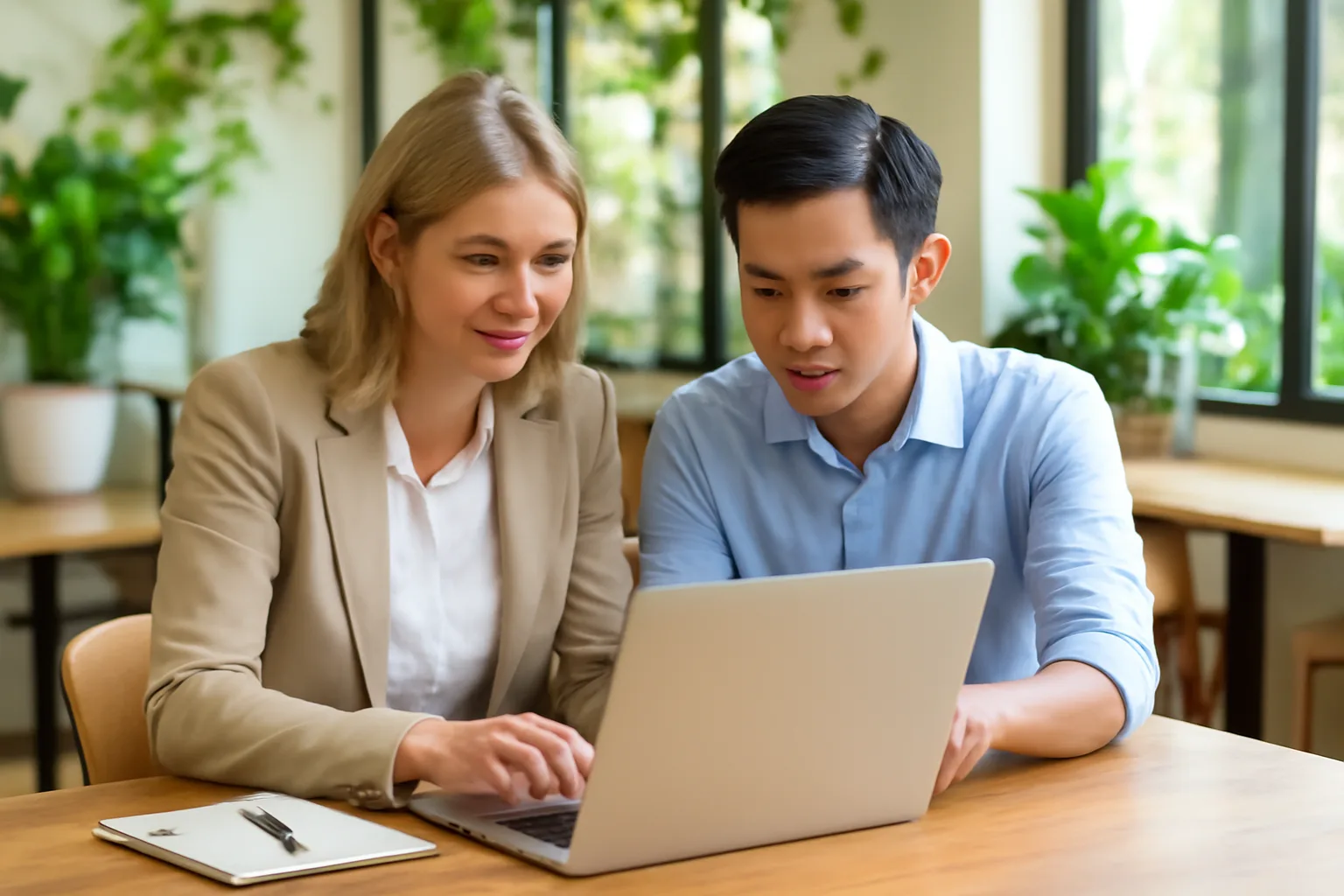 Procurement manager and analyst checking a company record together in a bright Hanoi co-working space