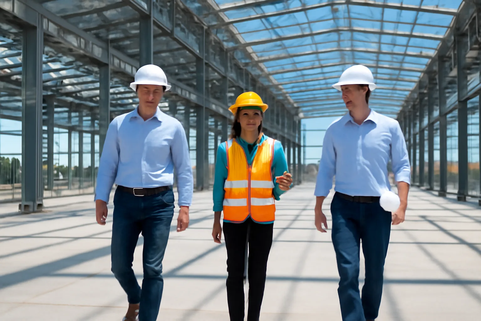 Foreign engineers and a Vietnamese site supervisor walking through a factory under construction