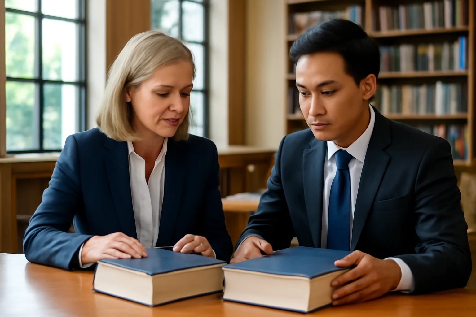 Foreign legal counsel and Vietnamese lawyer comparing two bound volumes of regulations at a library table