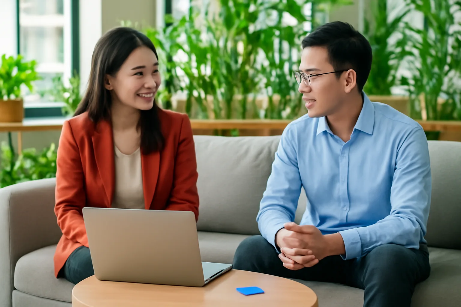 Marketing lead and IT administrator reviewing monthly subscriptions together at a startup workspace