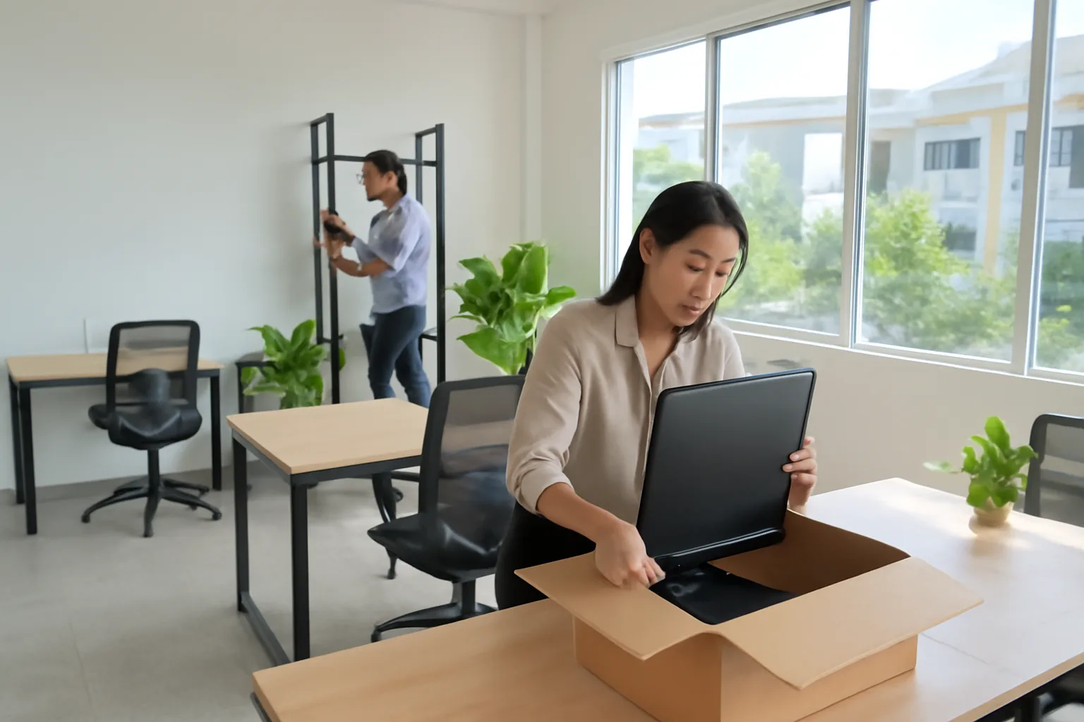 Office manager and founder setting up a new small office in bright morning light