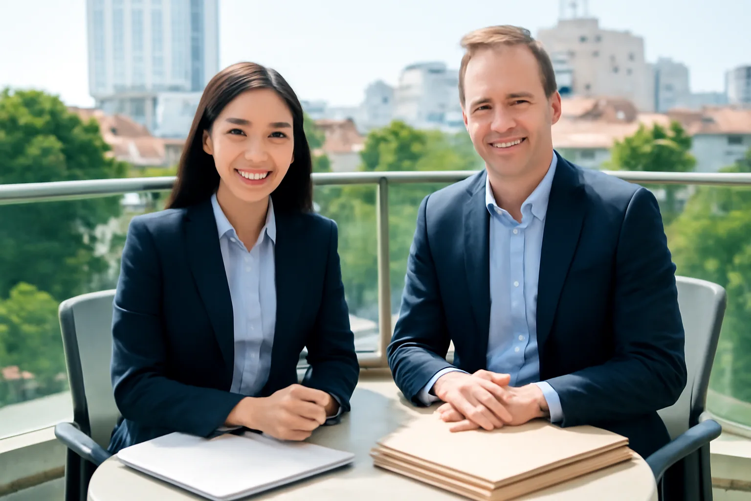 Two colleagues reviewing year-end tax files with a laptop on a bright office balcony