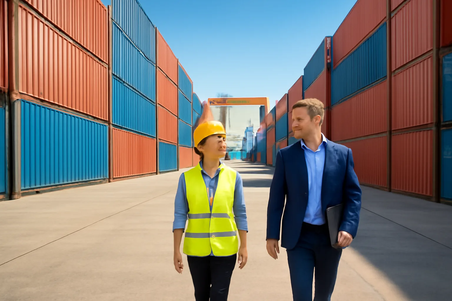 Logistics coordinator and operations manager walking between shipping containers at a Hai Phong port