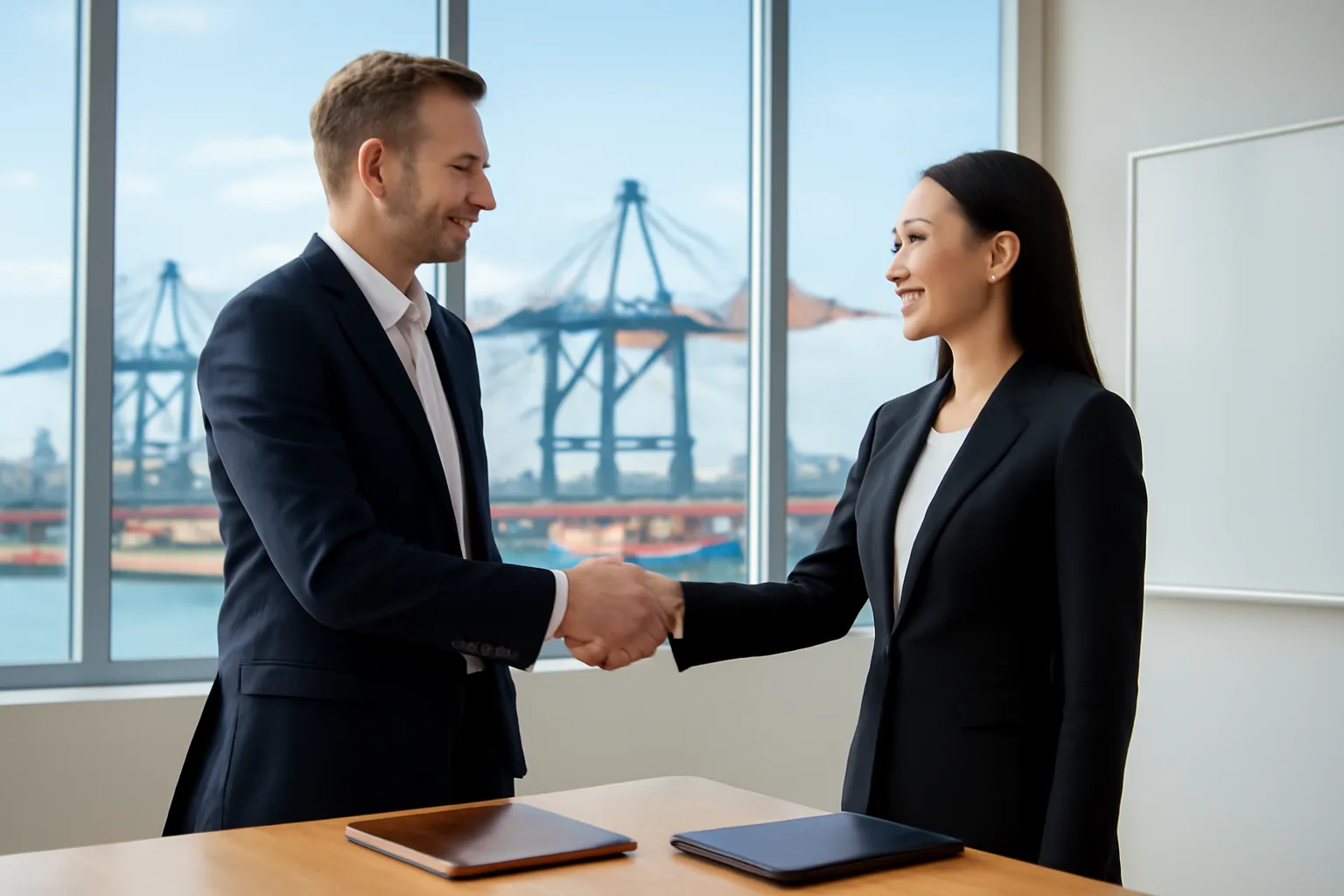 Buyer and seller representatives shaking hands after a signing meeting in a bright conference room overlooking a port
