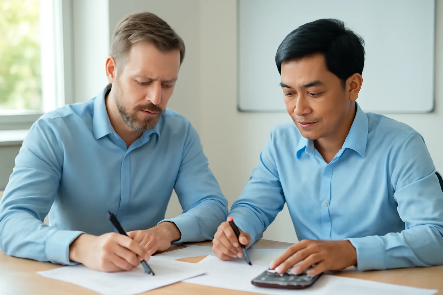 Finance controller and accountant working through a year-end adjustment schedule on paper at a factory office desk
