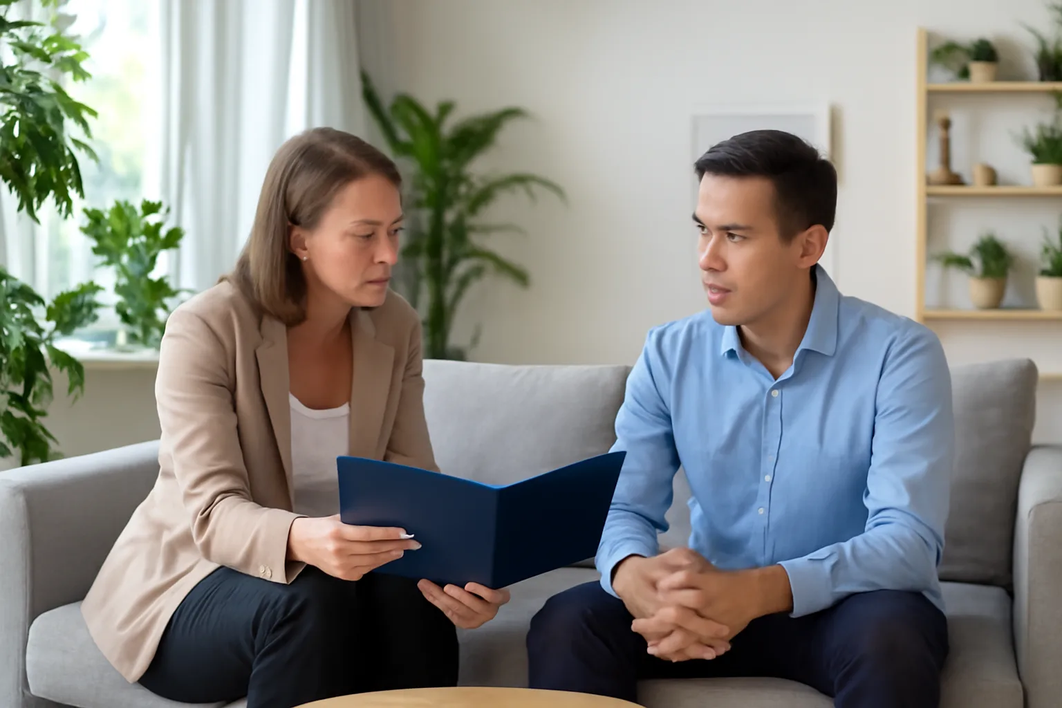 Expatriate manager and HR specialist discussing a benefits policy in a bright apartment-style staff residence lounge