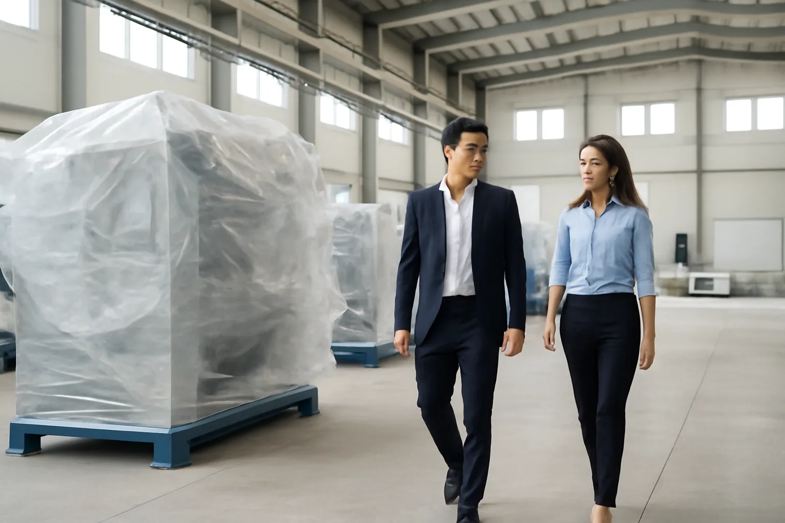 Founders of a new factory reviewing plans in a half-fitted production hall with new machinery