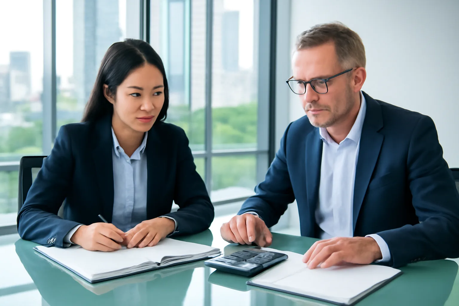 Kế toán trưởng và giám đốc tài chính cùng rà sổ sách trong văn phòng sáng sủa ở TP.HCM