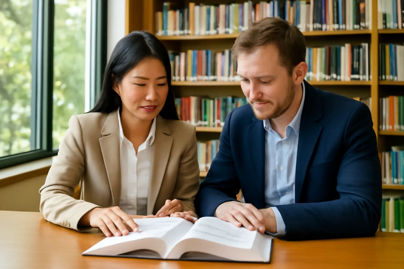 Tax adviser and foreign investor reading a bound treaty text together in a quiet library corner