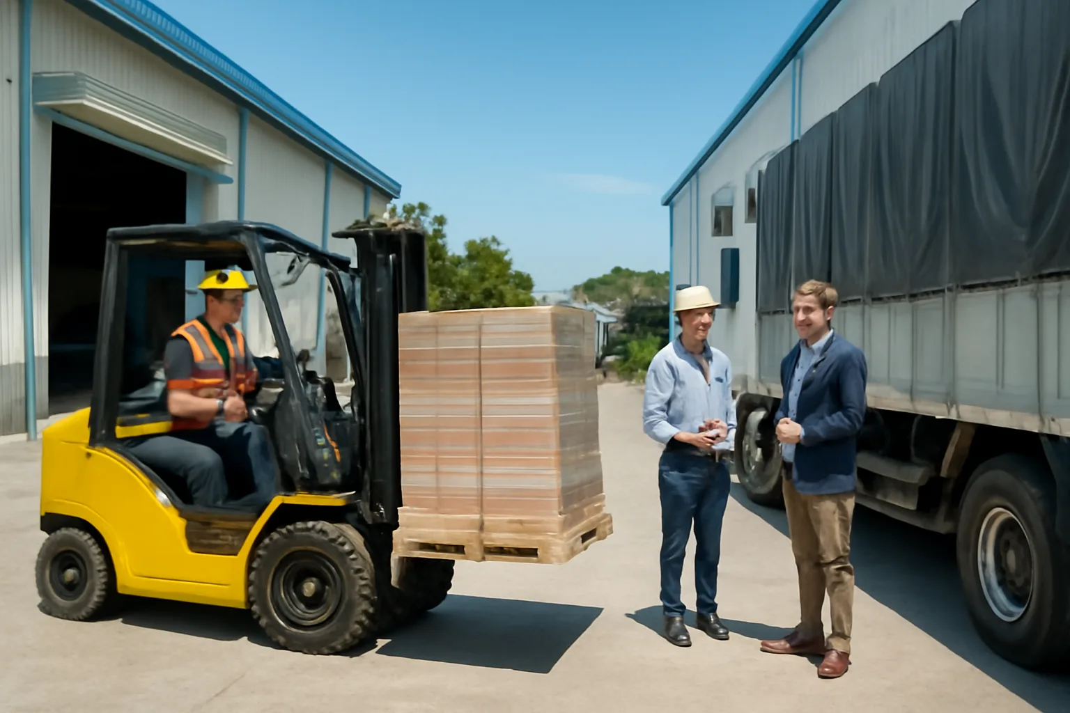 Xe nâng đưa pallet hàng lên xe tải giữa hai nhà kho trong khu công nghiệp