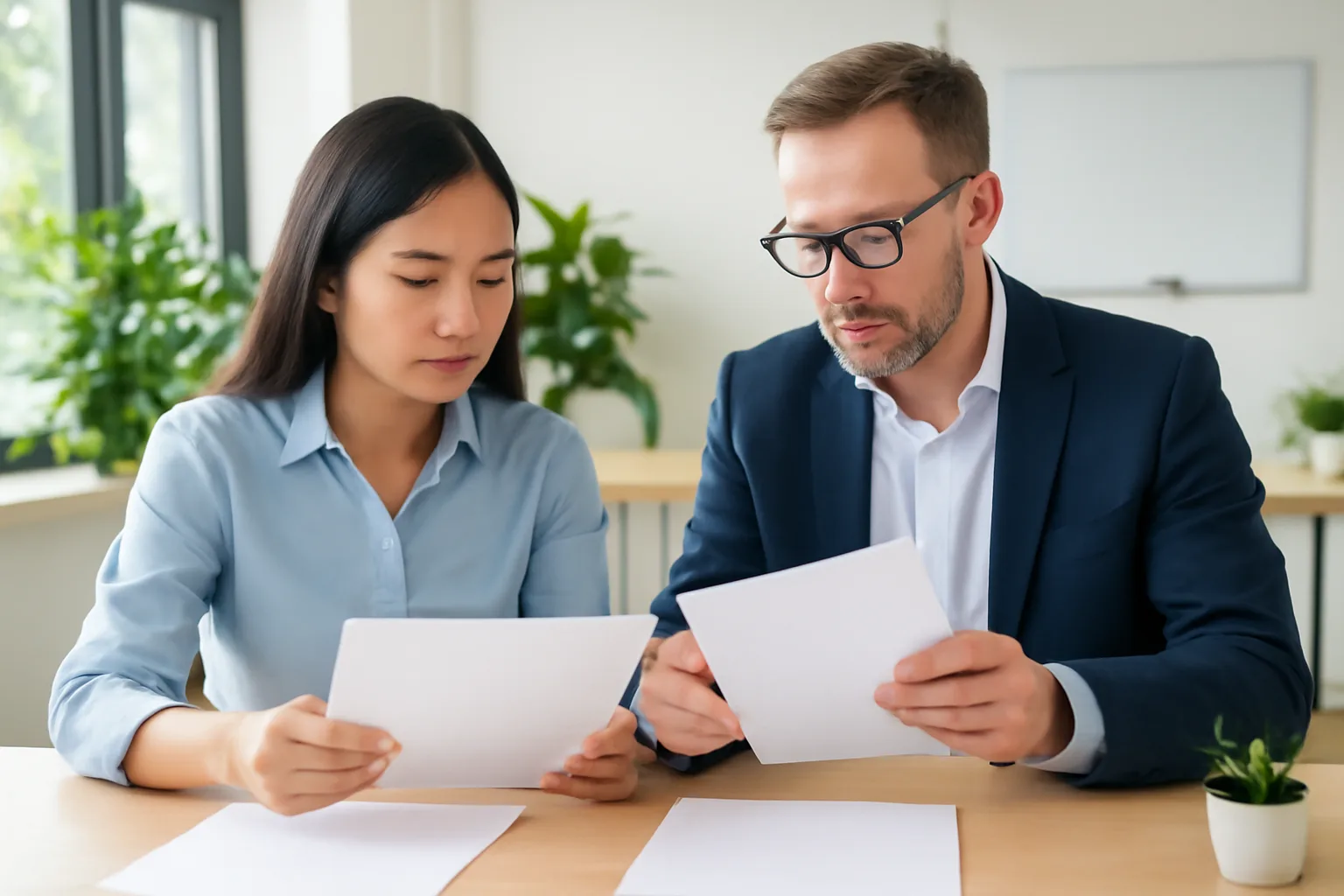 Accountant and finance manager comparing two pages side by side at an office desk