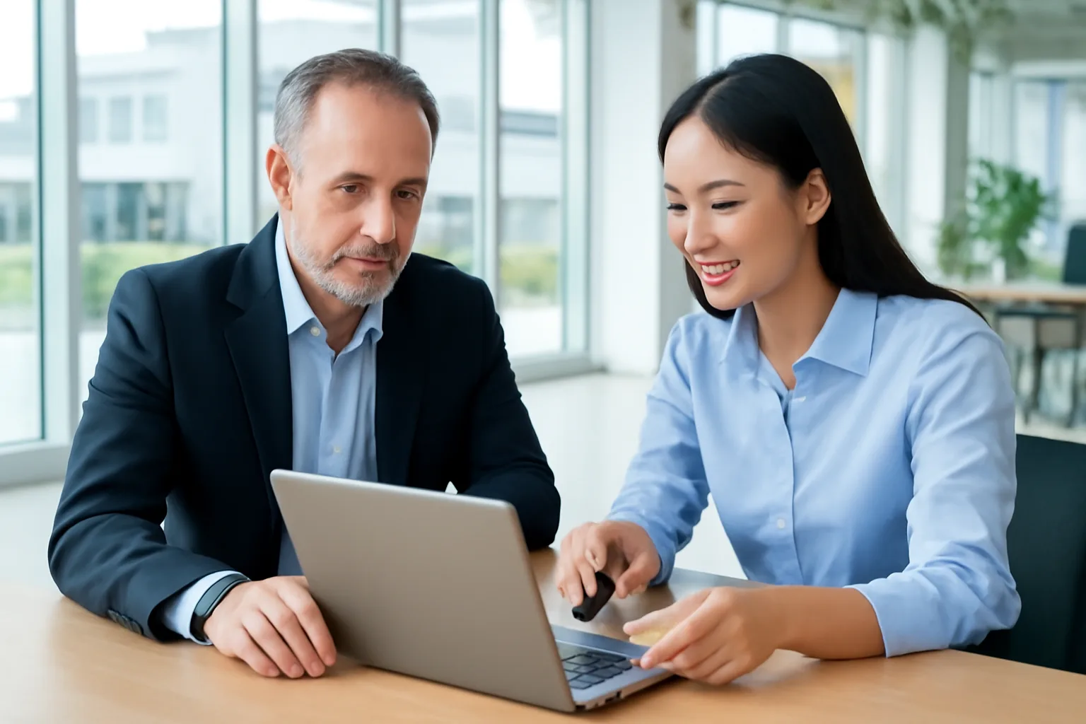 Finance manager and IT officer connecting a digital signature token to a laptop in a new office