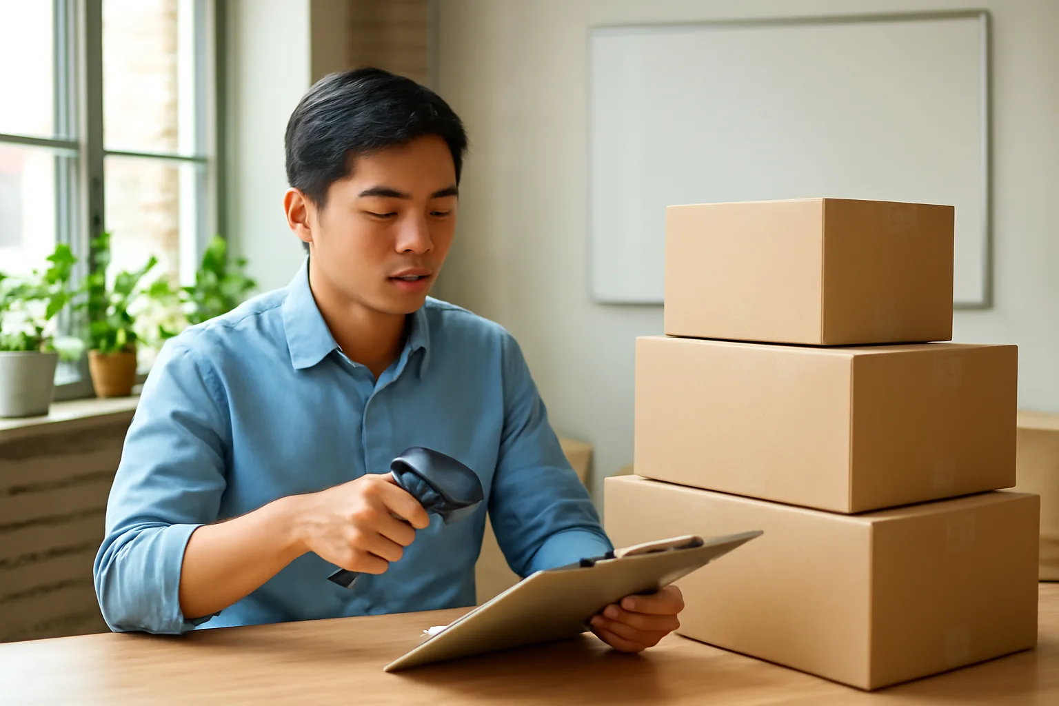 Accounts clerk scanning a delivery note beside boxes in a bright factory warehouse office