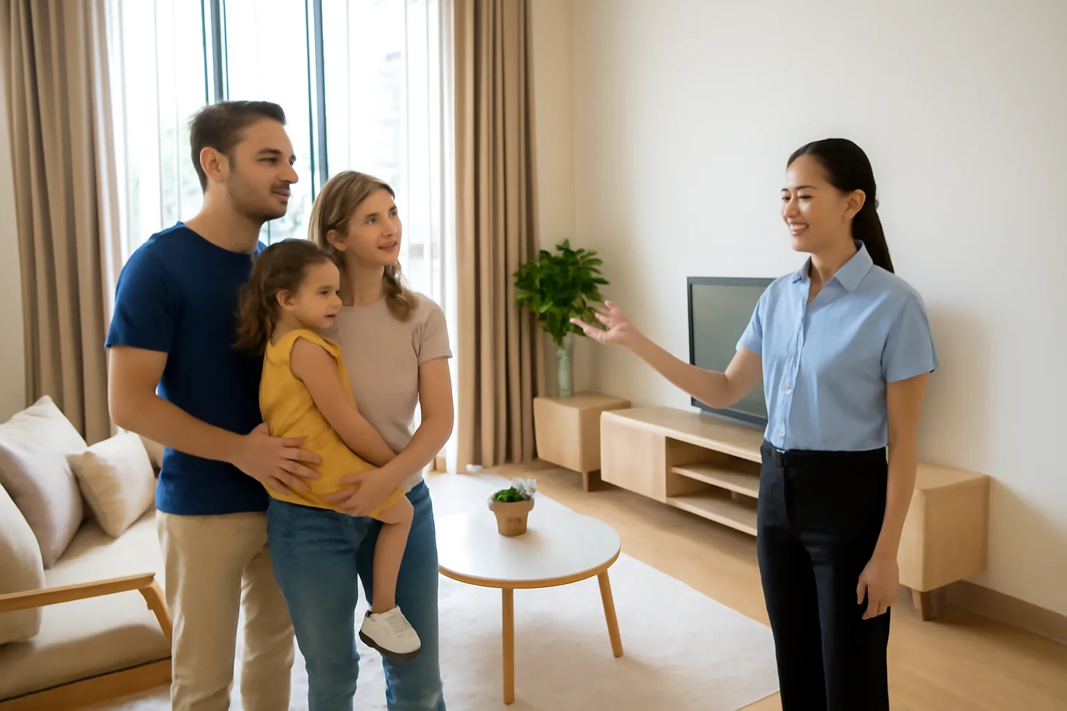 Expatriate family and relocation officer viewing a bright furnished apartment in Ho Chi Minh City