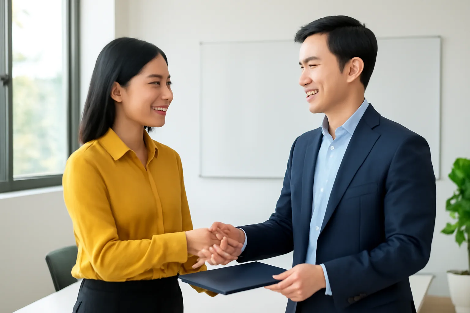 Vietnamese procurement manager and foreign supplier representative discussing a contract in a bright meeting room
