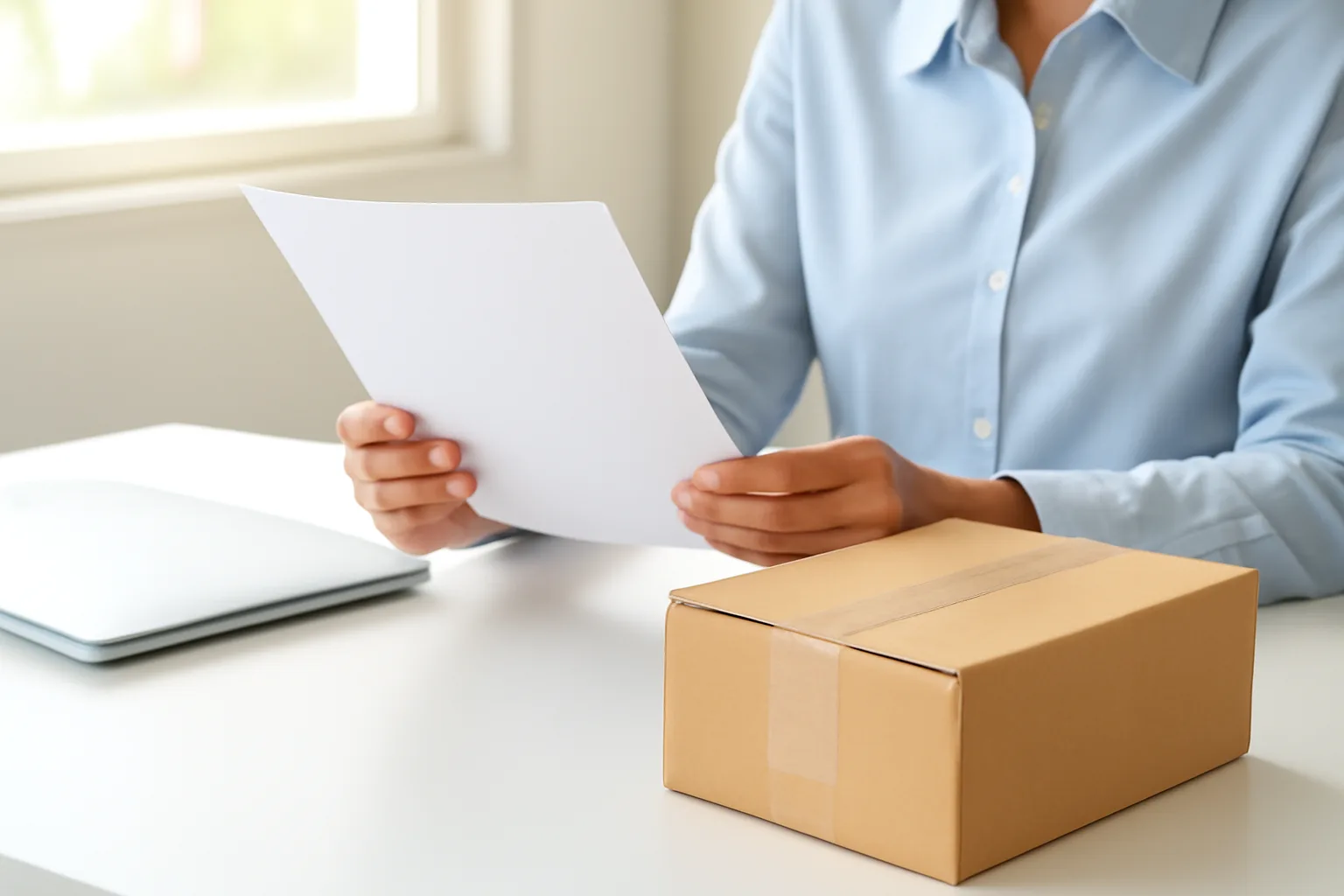 Accounts payable clerk matching a purchase order with a delivery box at a bright office desk