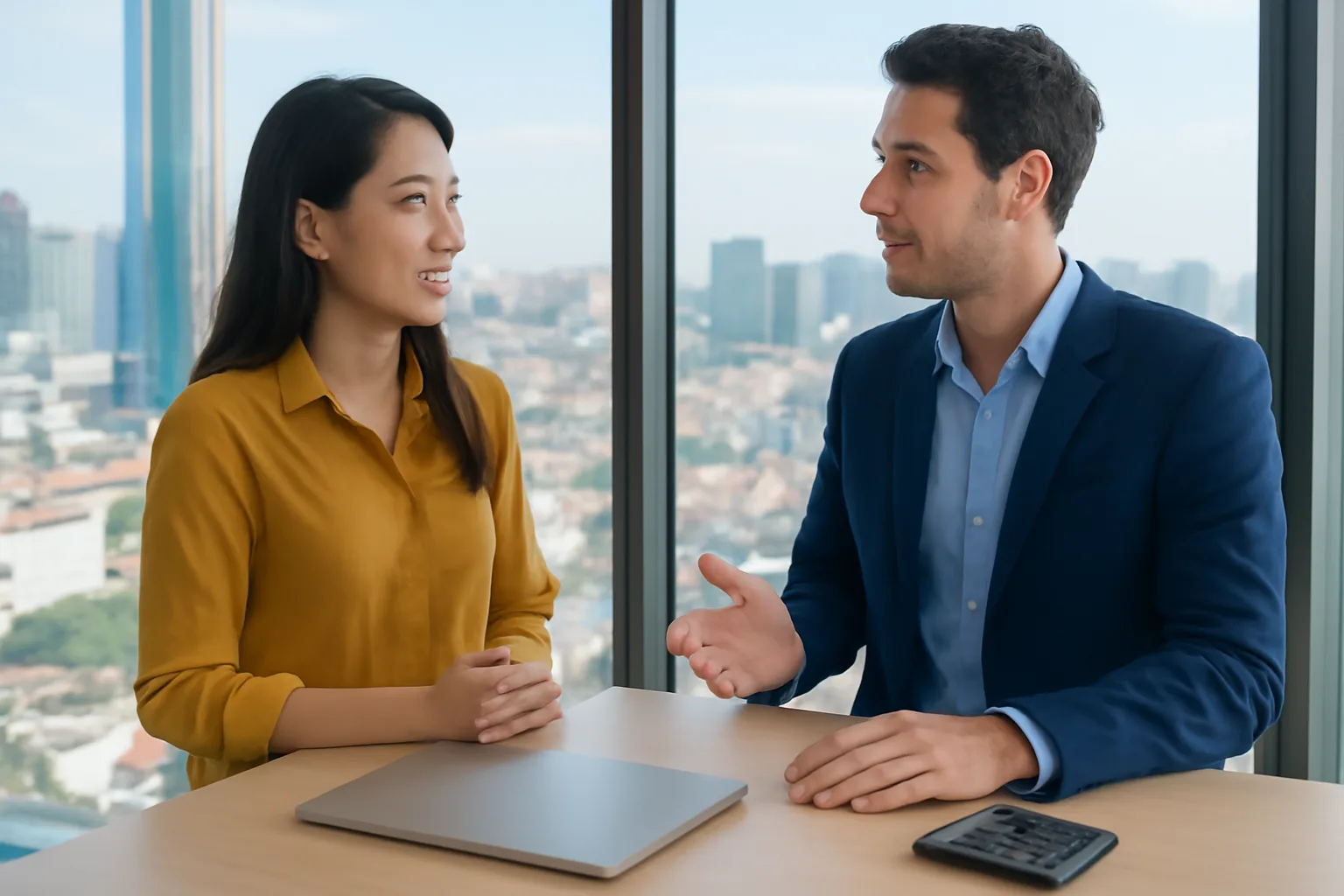 Treasury analyst and finance controller talking at a window desk in a Hanoi high-rise office