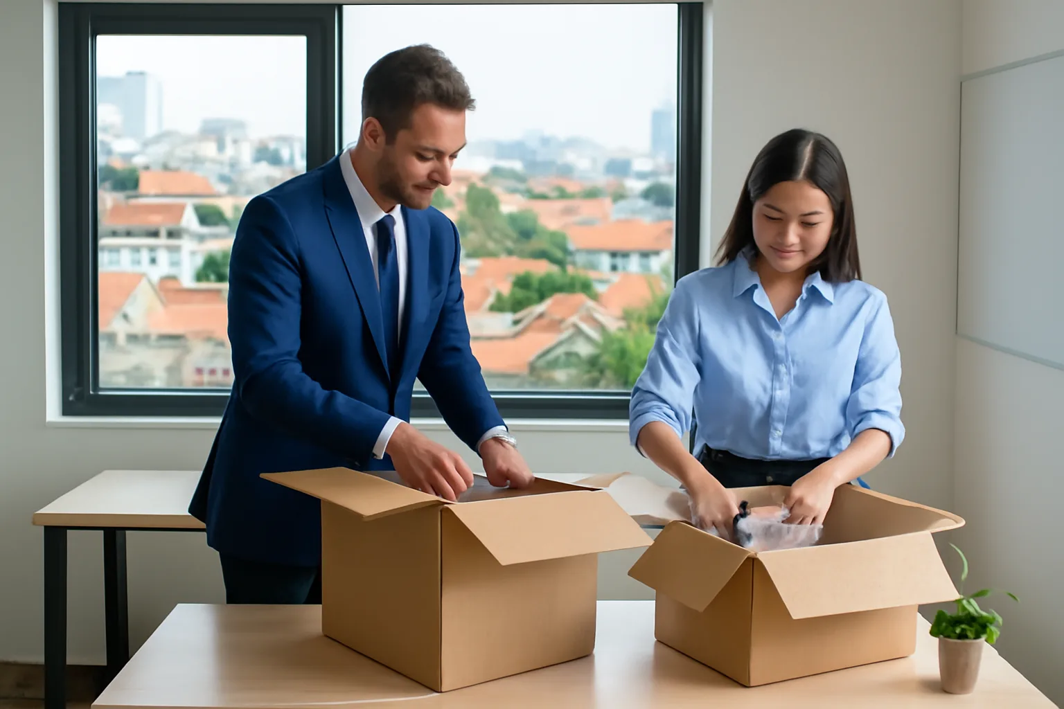 Businessman and assistant setting up desks in a small serviced office above Hanoi rooftops