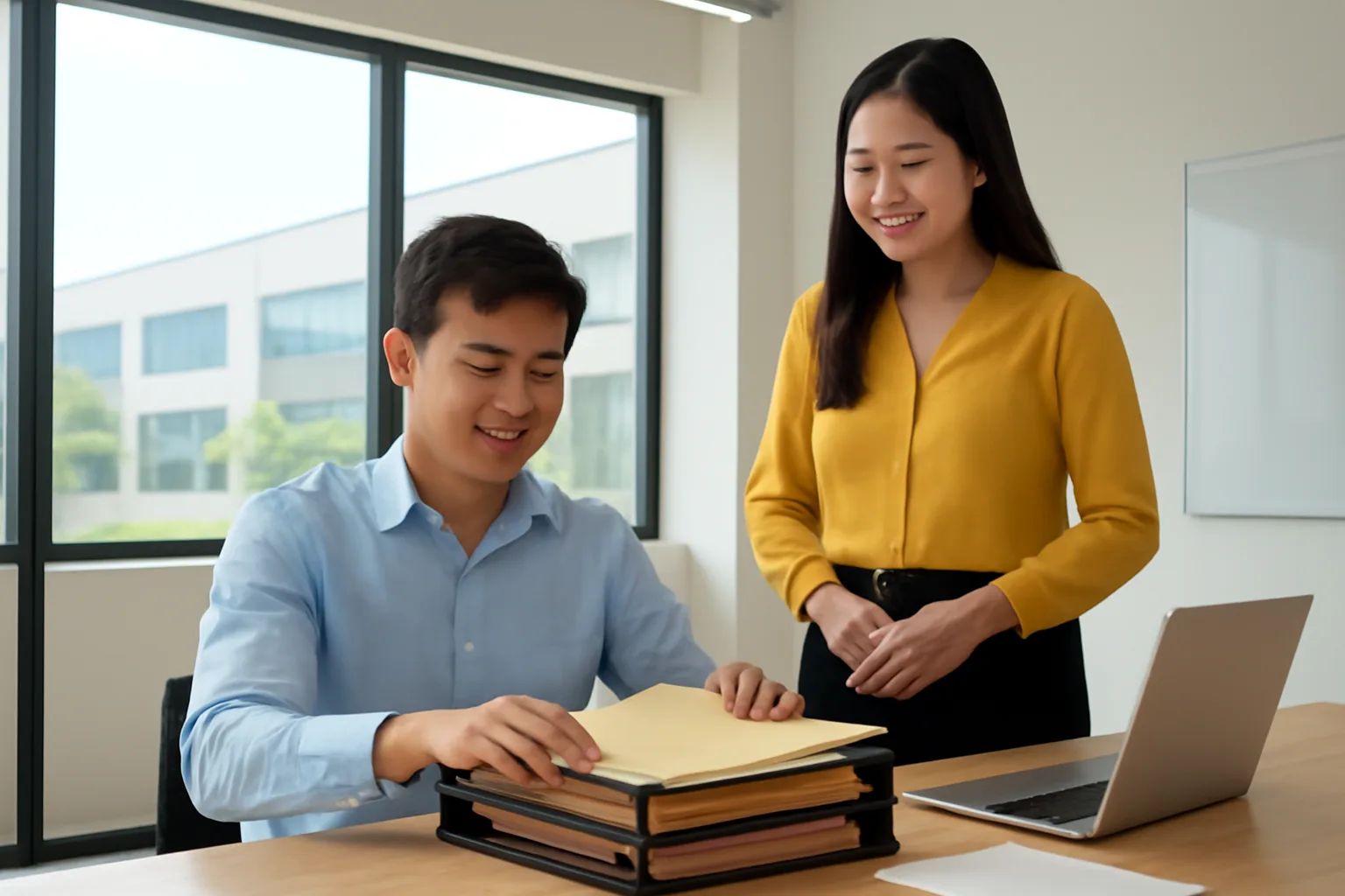 Payroll specialist checking employee files at a sunny desk in an industrial park office