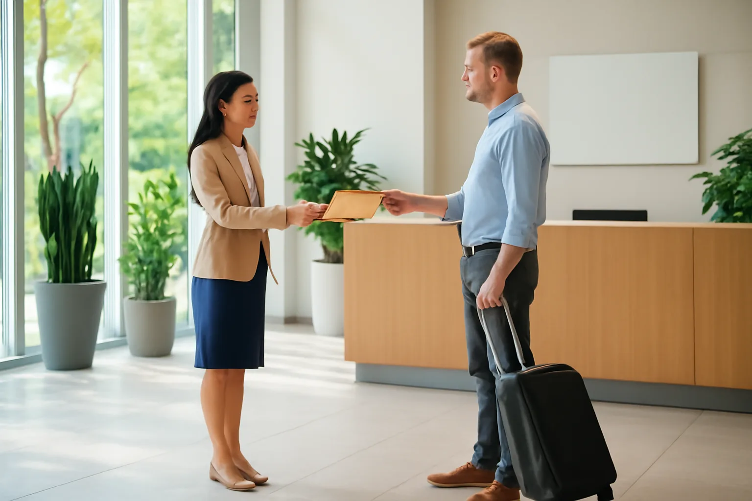 HR officer handing an envelope to an engineer with a suitcase at a sunny office reception