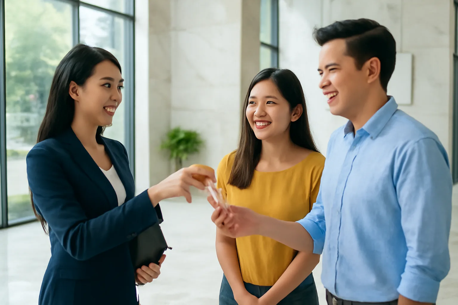 Couple and property agent handing over apartment keys in a bright new residential lobby