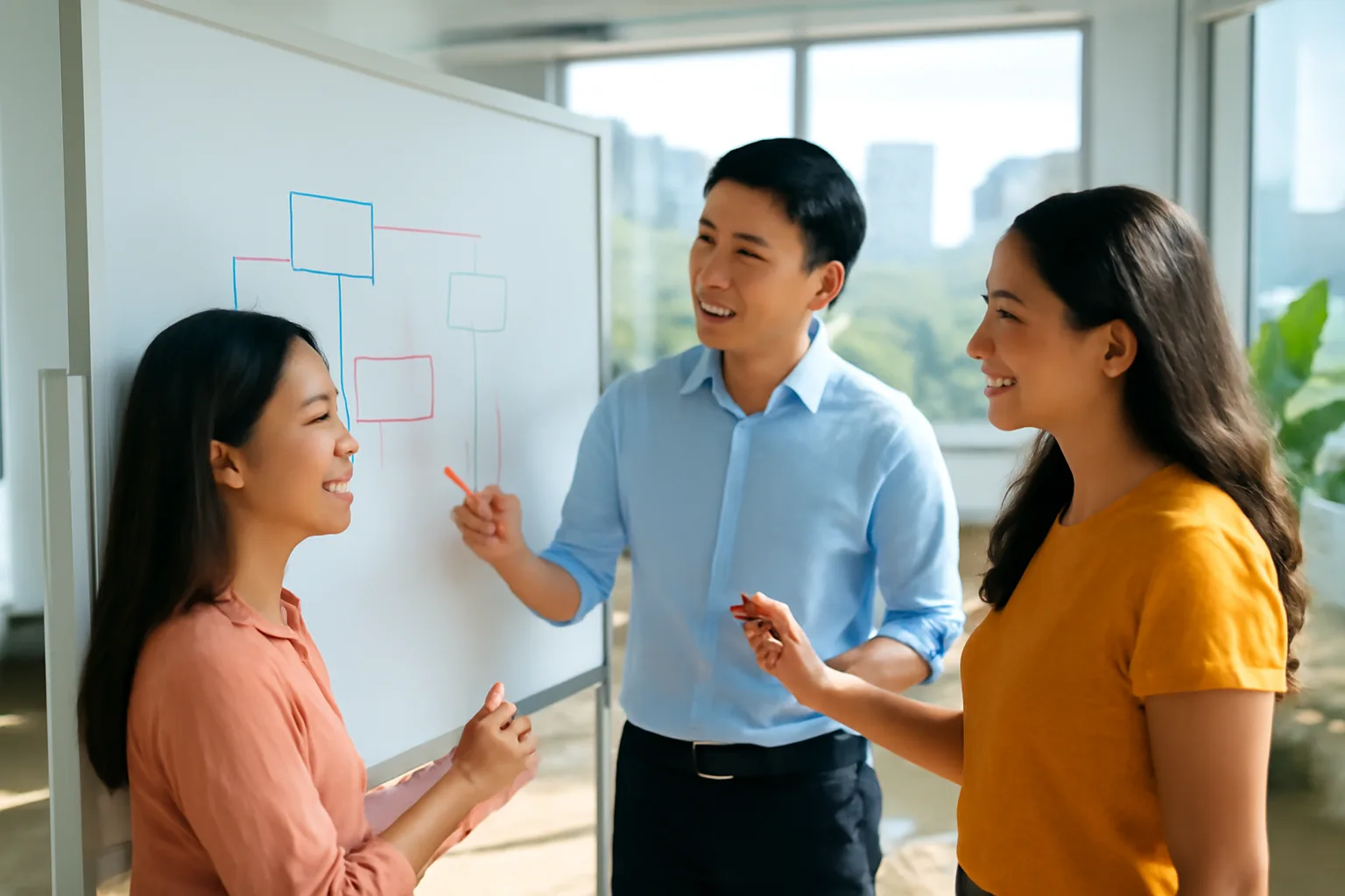 Ba đồng nghiệp phác sơ đồ luồng dữ liệu trên bảng trắng trong văn phòng khởi nghiệp đầy nắng