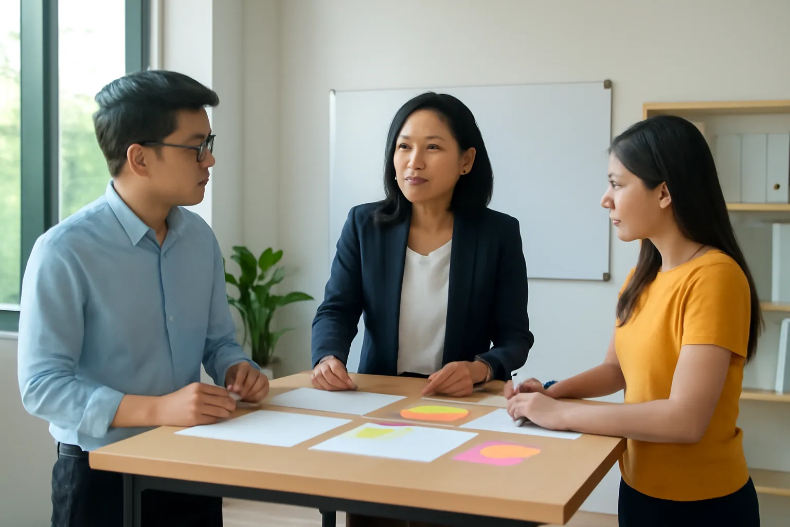 Finance team reviewing quarterly figures together at a standing table in a bright logistics company office