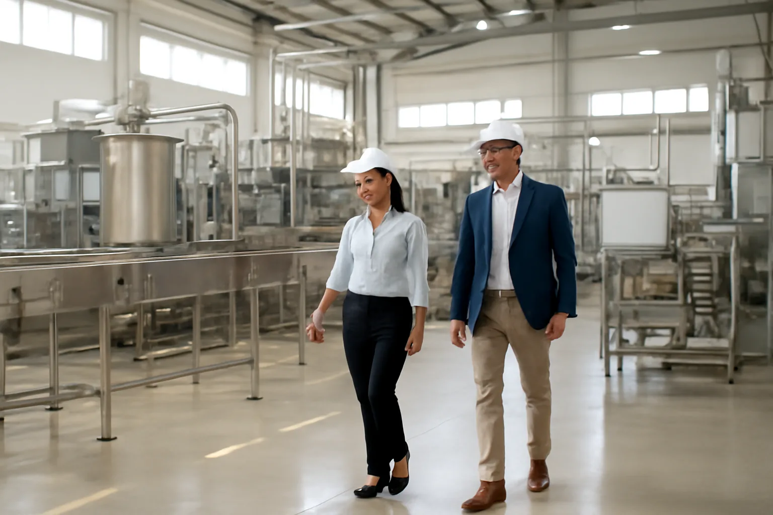 Production engineer and buyer in hard hats walking past food processing lines in a bright factory