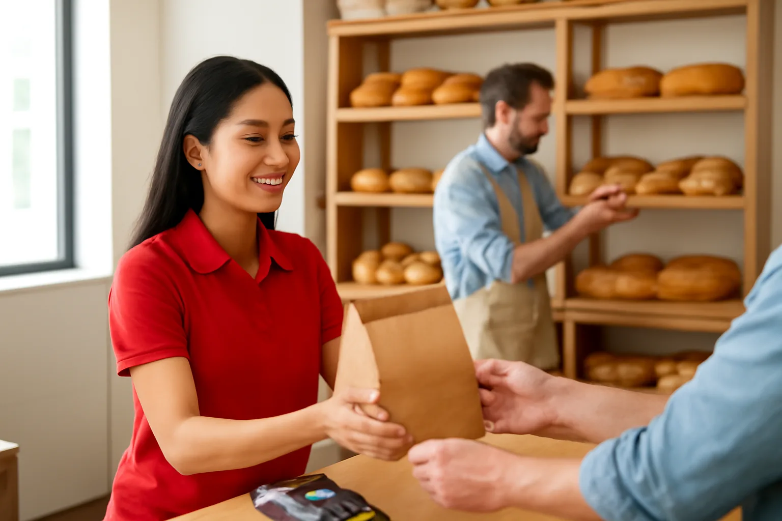 Cashier handing a bag of pastries to a customer at a bakery counter with a card terminal