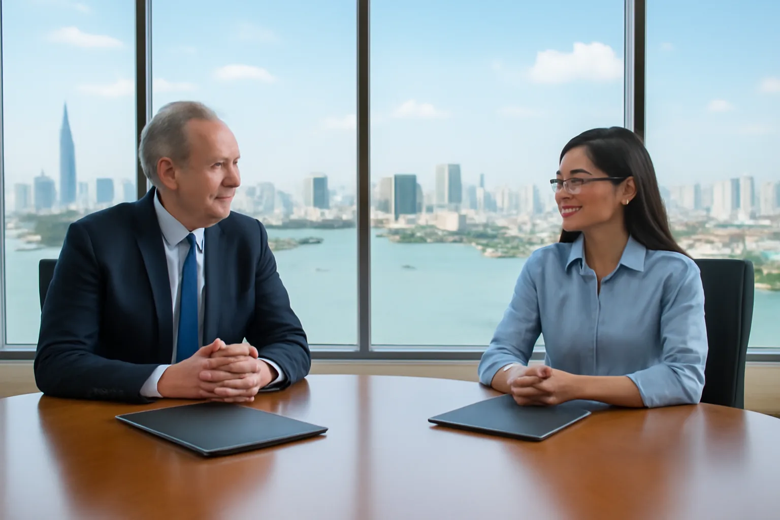 Board member and chief accountant at a boardroom table with closed folders and a pen