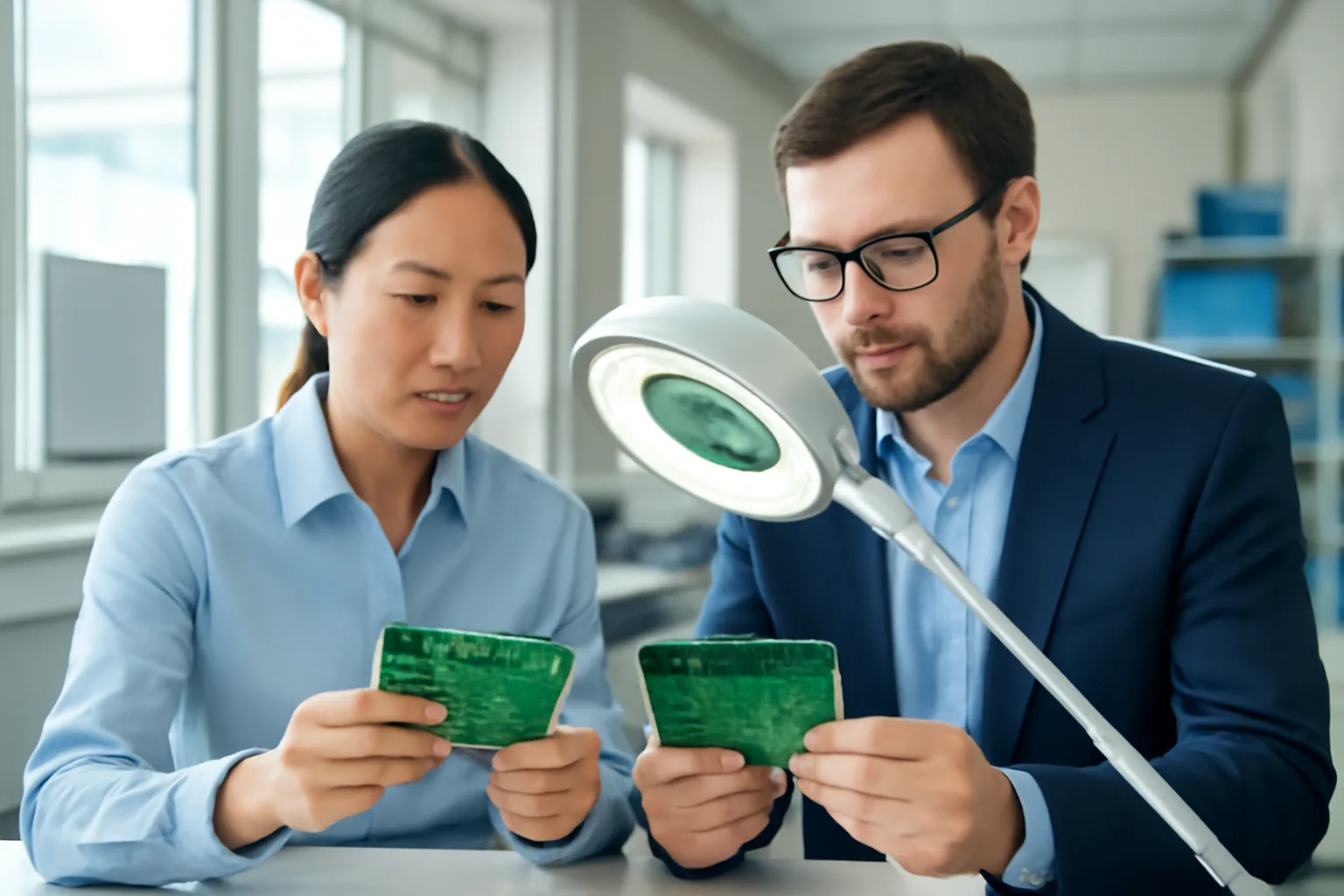 Tax manager and finance director comparing two identical circuit boards under a magnifying lamp