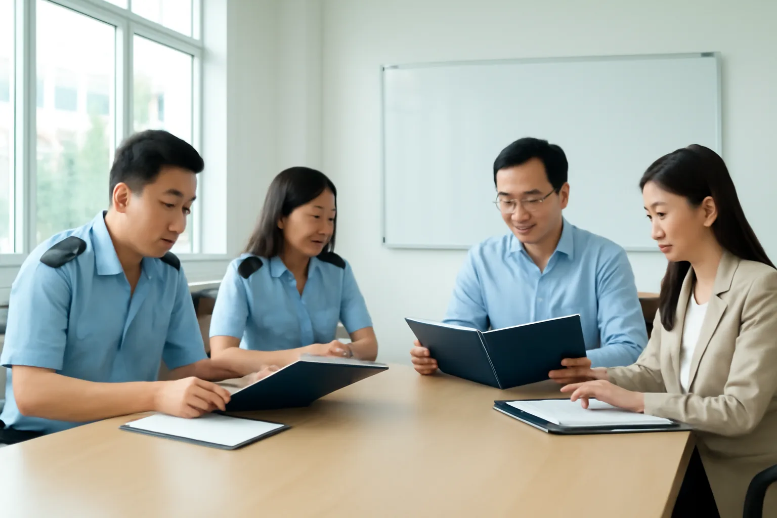 Two tax officers and a company finance team reviewing folders around a factory meeting table
