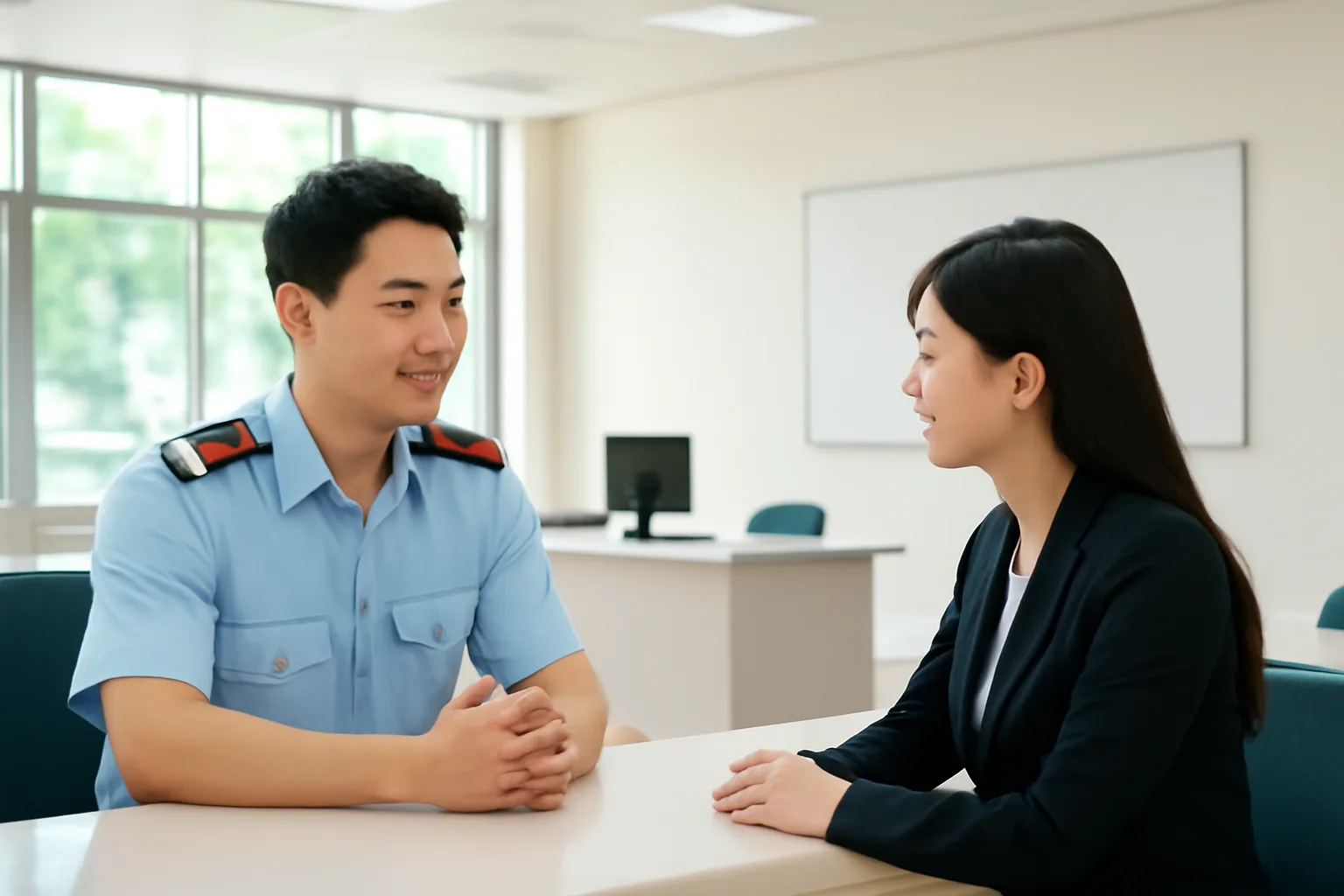 Vietnamese tax officer and foreign company representative talking across a service counter in a tax office lobby