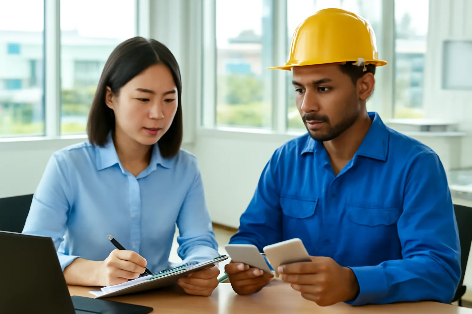 HR officer and expatriate employee checking onboarding paperwork at a desk in an industrial park office