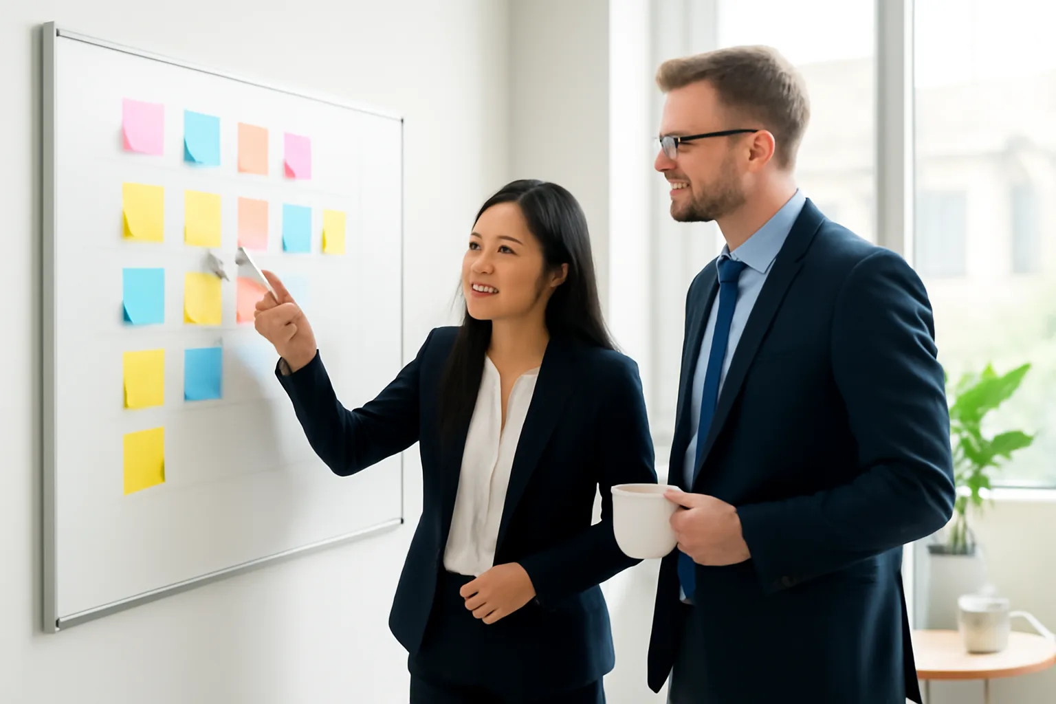 Tax manager and CFO planning the year on a wall planner with coloured notes in a bright Hanoi office