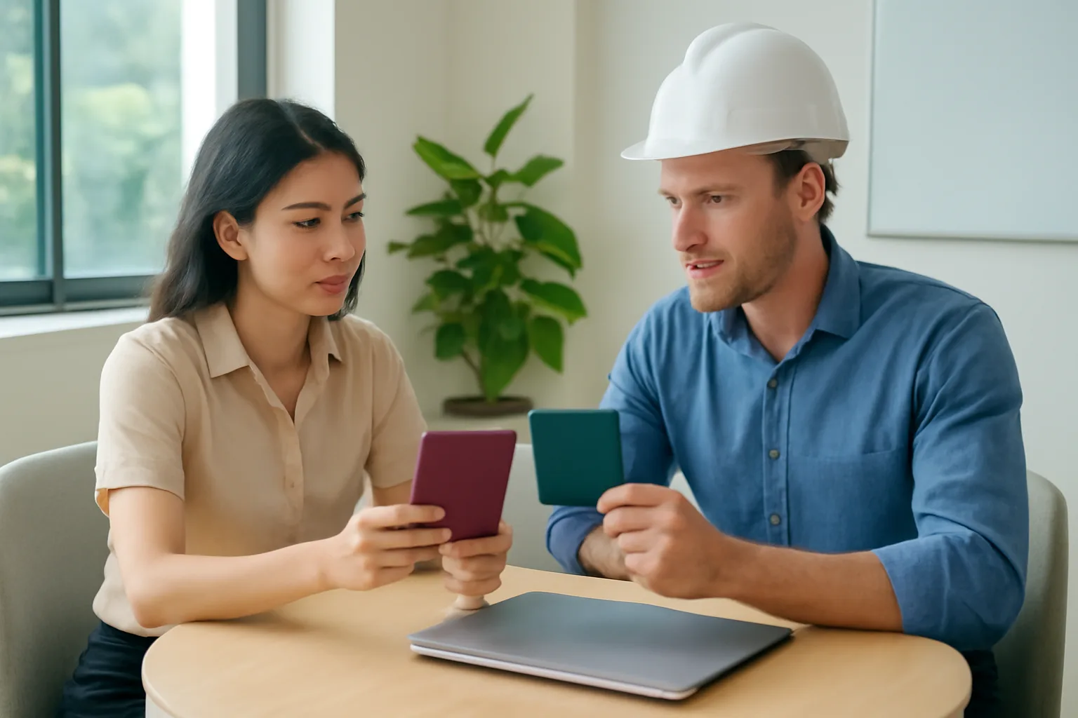 Expatriate engineer and Vietnamese HR officer reviewing travel plans in a bright meeting room