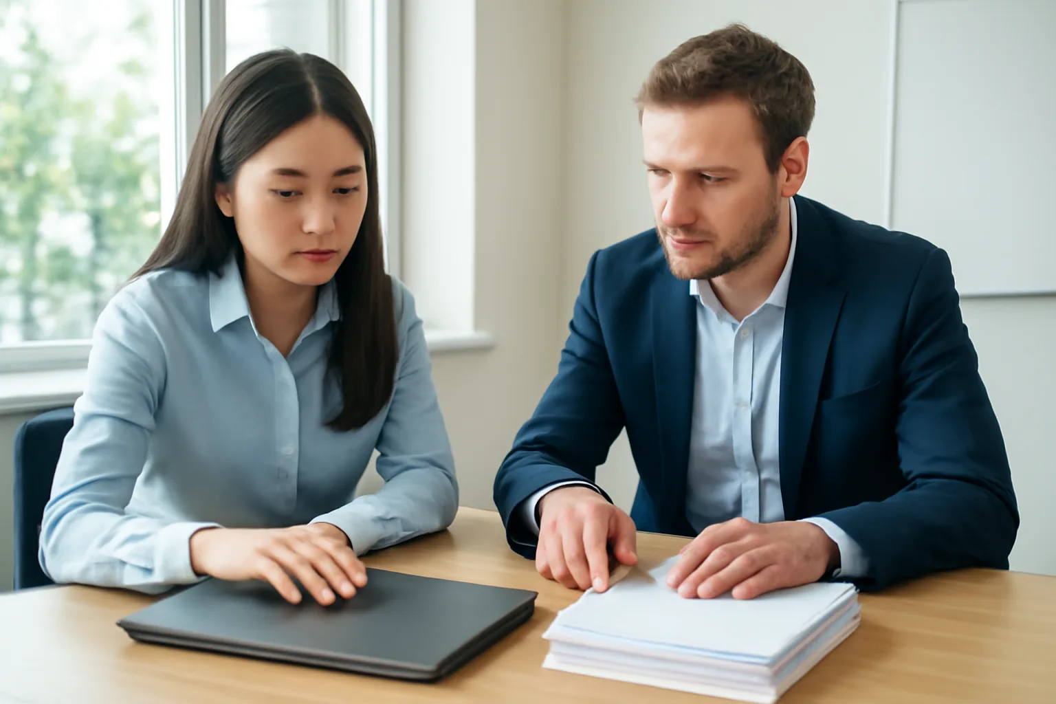 Accountant reviewing a laptop and bank statements with her finance manager in a quiet office corner