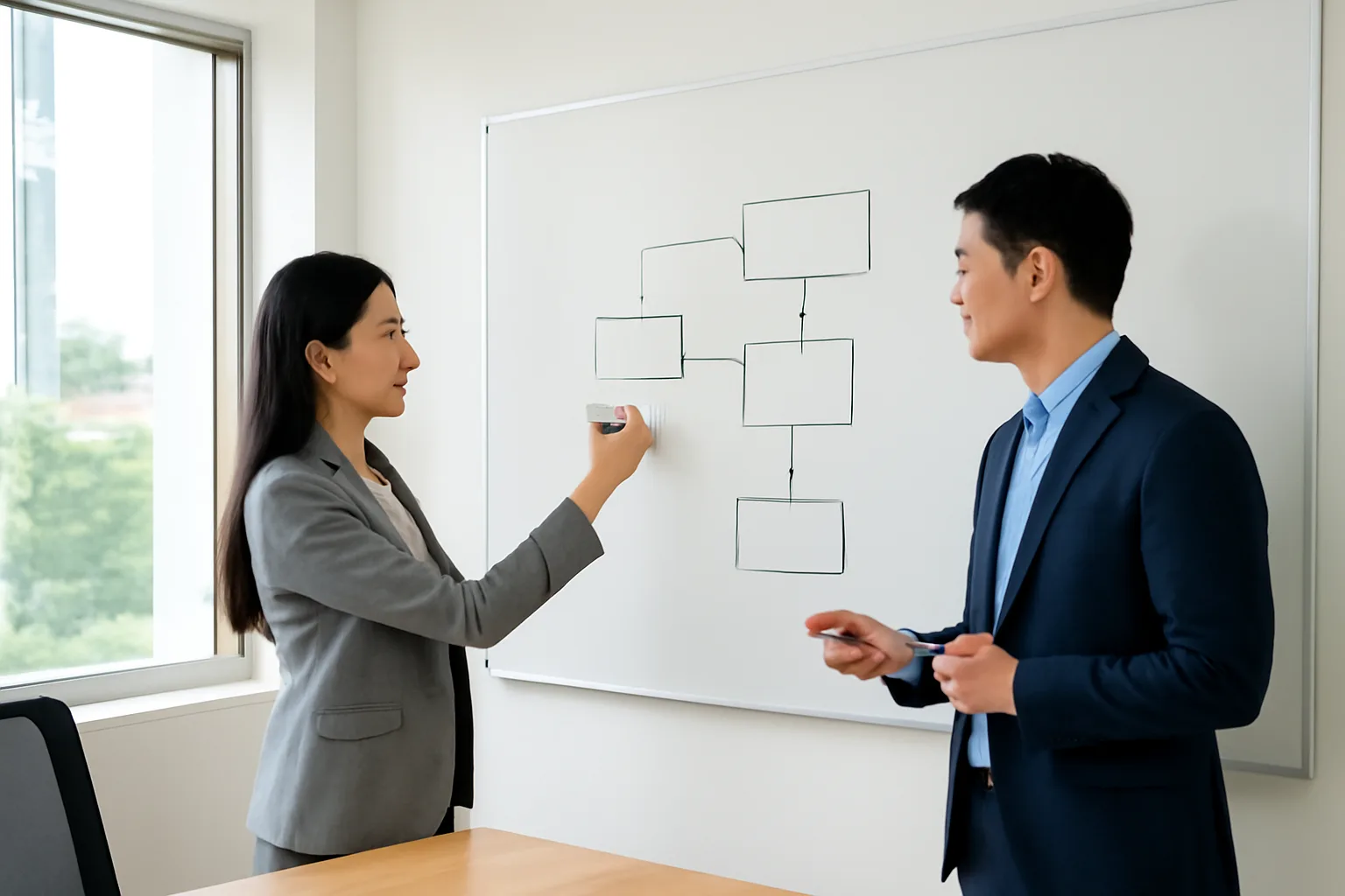 Foreign investor and Vietnamese tax consultant mapping out company obligations on a whiteboard in a Hanoi meeting room