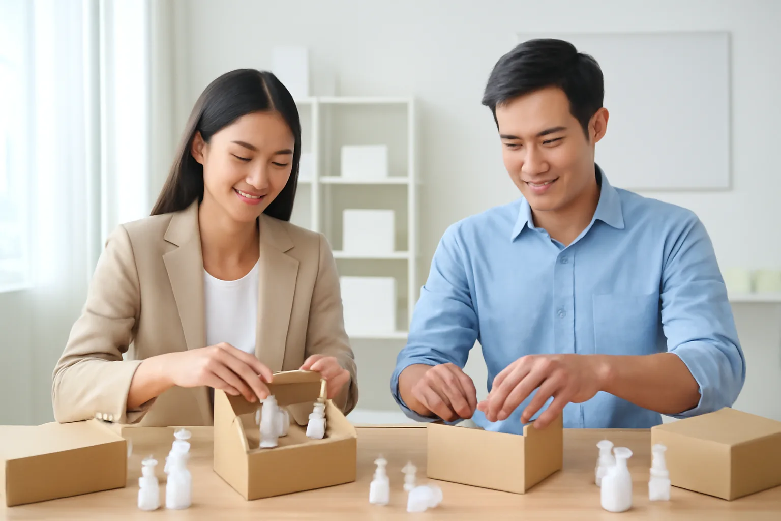 Nhóm marketing đóng hộp quà kèm sản phẩm mẫu trong phòng trưng bày sáng