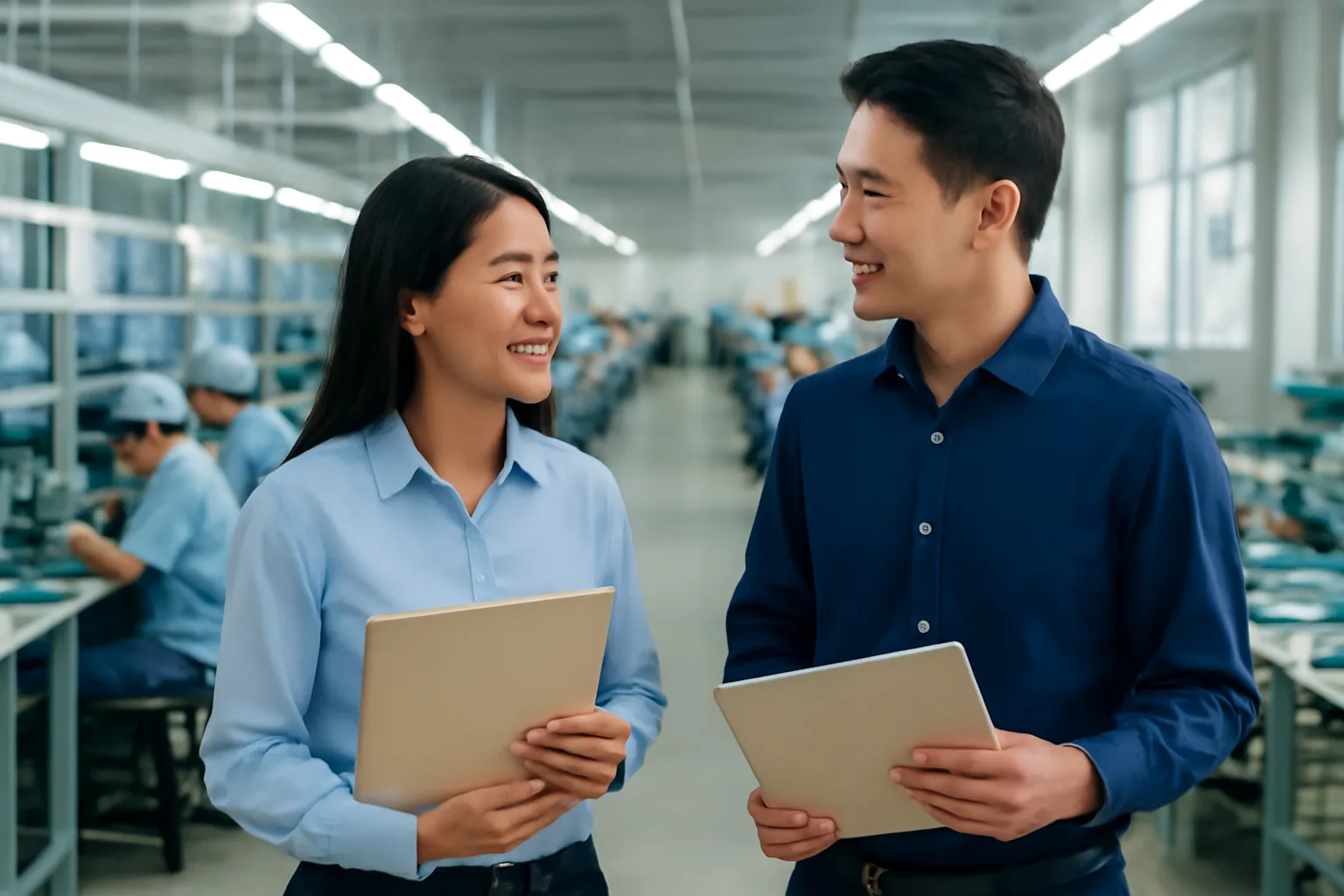 Finance manager and Vietnamese tax accountant discussing a stack of files beside a factory production line