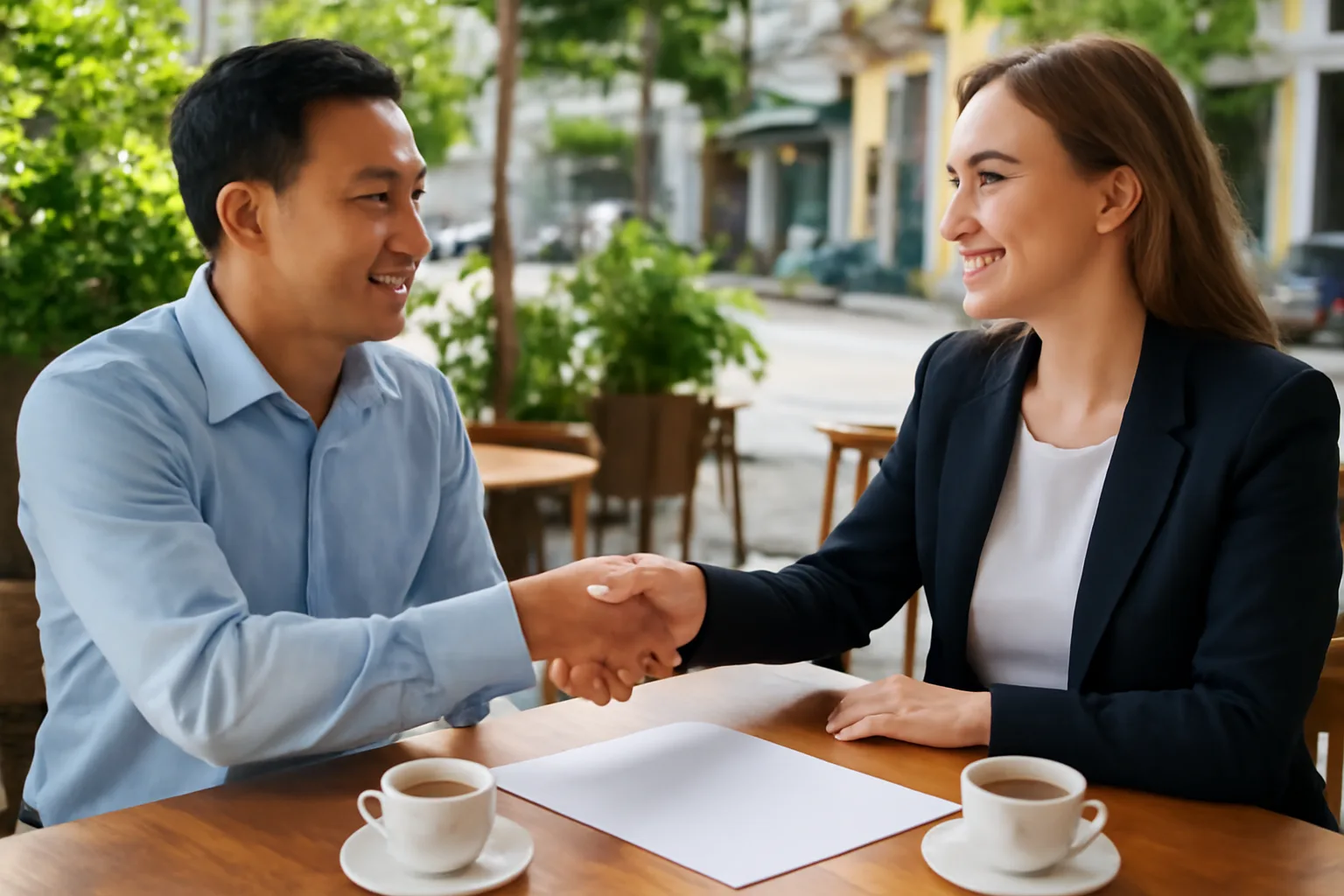 Sales director and distributor reviewing a rebate agreement at a bright cafe table