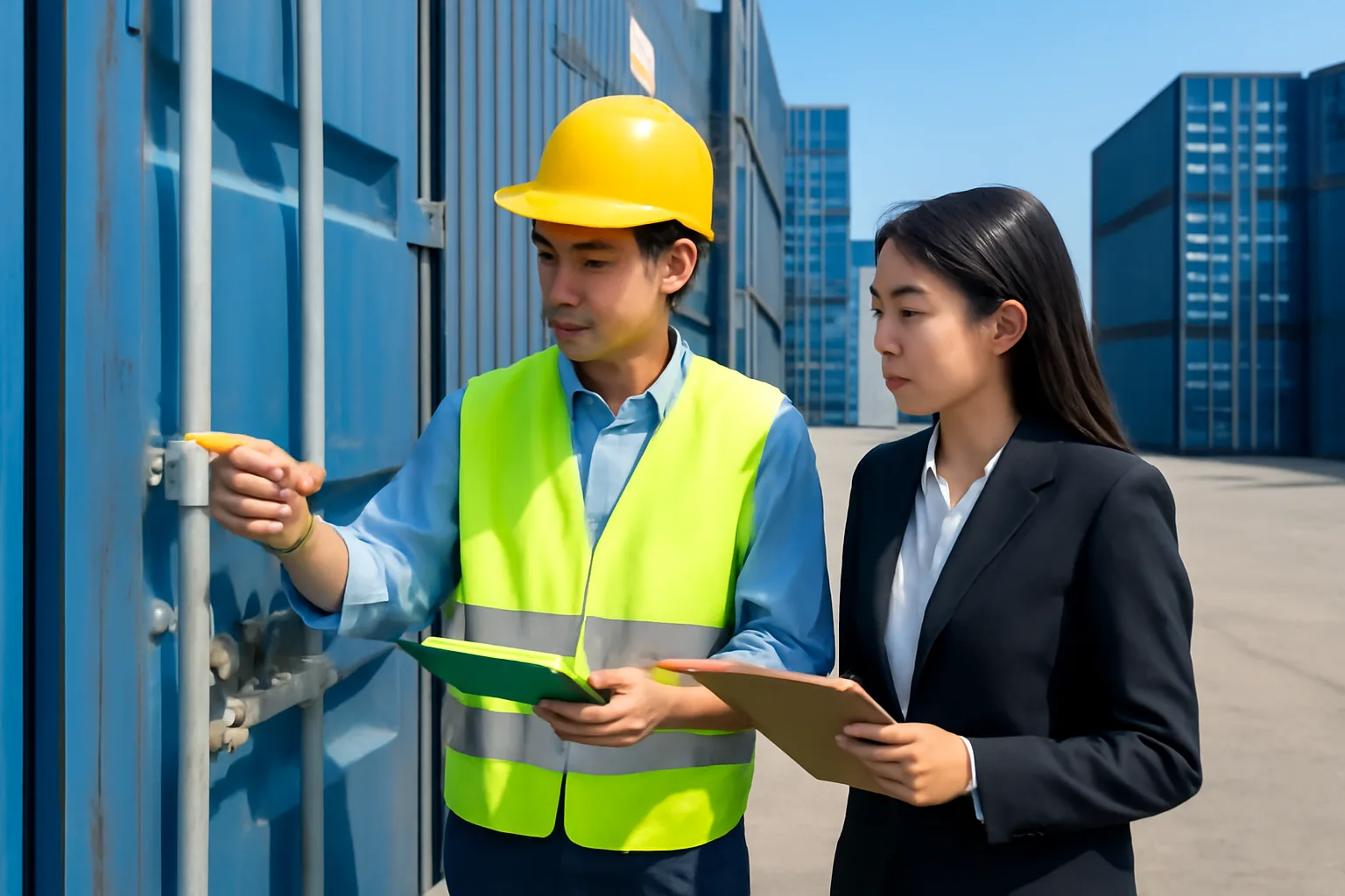 Logistics coordinator and finance manager checking container seals at a sunny Vietnamese port